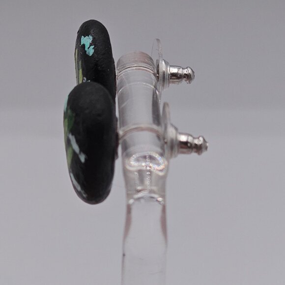 Artisan Folk Art Handpainted Stone Rock Earring Brooch Set Jewelry Black Cactus - Picture 8 of 16